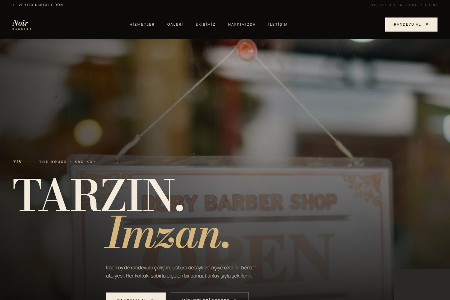 Noir Barbers demo web sitesinin anasayfası
