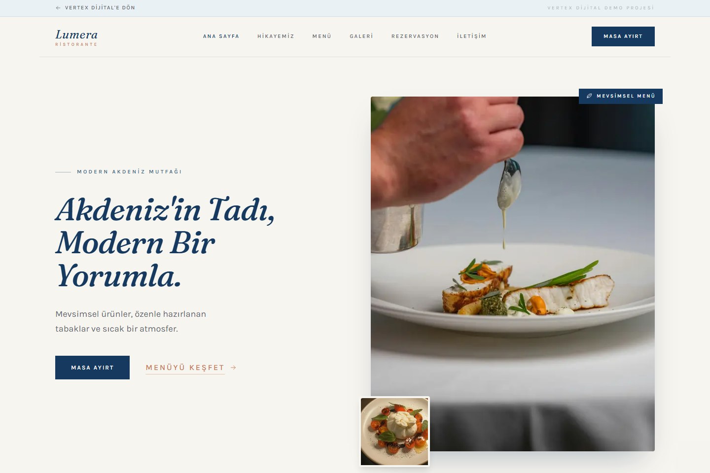 Lumera Ristorante demo web sitesinin anasayfası